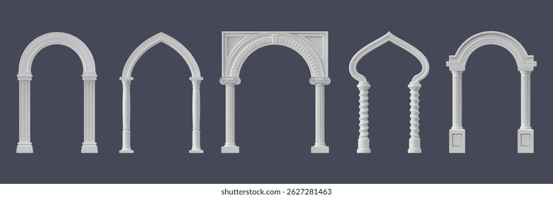 Realistic palace arch pillar gate, marble archway, ancient castle arc, greek temple column or antique mosque door frames. Vector 3d architecture elements set of realistic arches with pillars