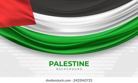 Realistic Palestine Flag on White Bricks Wall Background