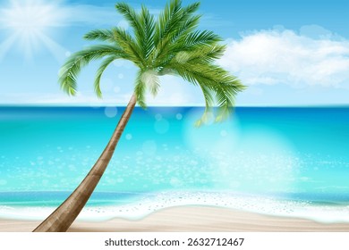 Realistic palm beach landscape. Tropical island paradise sea beautiful background, palms tree sunny sky ocean sand coast summer vacation travel banner, exact vector illustration