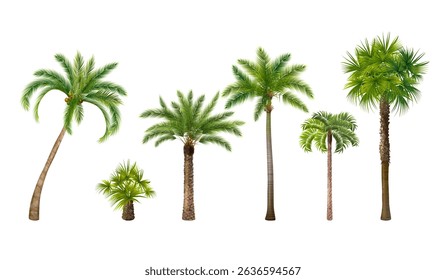 Realistic palm trees. 3d tropical beach tree jungle plant, coconut date acai trunk with green leaves decorative botanical branch summer vacation island, exact vector illustration original artwork