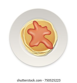 Realistic pancake with boiled or jam on a white plate closeup isolated on white background, top view. Design template for breakfast, food menu and homestyle concept. Vector EPS10 illustration