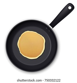 Realistic pancake in the frying pan closeup isolated on white background, top view for breakfast, food menu. Vector EPS10 illustration