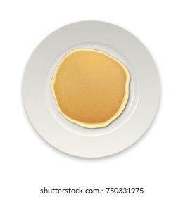 Realistic pancake on a white plate closeup isolated on white background, top view for breakfast, food menu. Vector EPS10 illustration
