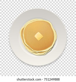 Realistic pancakes with a piece of butter on a white plate closeup isolated on transparency grid background, top view. Design template, breakfast, food menu and homestyle concept. Vector illustration