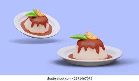 Realistic panna cotta with chocolate syrup and slice of citrus fruit. Beautifully served dessert. Jelly creamy sweet dish. Italian cuisine. Vector set