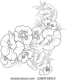 realistic pansy drawing, outline pansy flower drawing, traditional pansy tattoo, pansy line drawing, Flowers branch of violet flower Hand drawing  vector illustration Vintage design floral bouque.