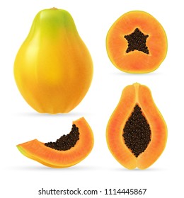 Realistic papaya set. Full editable, isolated on white. Fresh, ripe, yellow papaya, sliced pieces.