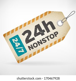 Realistic paper 24h nonstop vector label. isolated from background. layered.