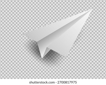 Realistic Paper Airplane Vector Mockup. 3D Origami Plane with Shadow on Transparent Background