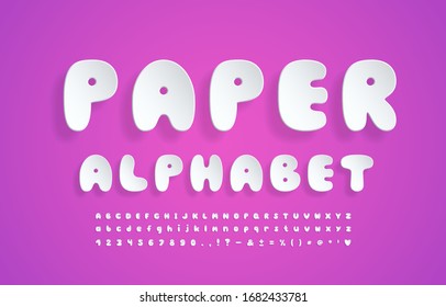 Realistic paper alphabet white color cartoon bubble font. Uppercase and lowercase letters, numbers, marks and signs. Flying 3D typeface on pink gradient background. Vector illustration