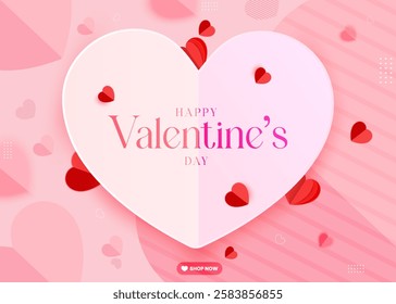 Realistic Paper art Valentine's Day social media background design. Valentine's Day banner design. Paper cut Valentine's Day decoration background design with love, rose, paper butterfly, and leaf.