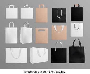 Realistic Paper Bags. Black White Shopping Bag Mockup, Blank Fabric And Craft Handbags. 3d Fashion Eco Packaging For Branding Vector Set