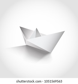 Realistic paper boat over white.