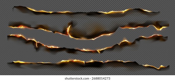 Realistic paper with burn edge effects and glowing orange flames for vintage design. Charred borders on transparent background with smoke shadows. Old parchment or document destruction elements.