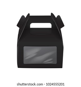 Realistic paper cake package, black box mock up, gift ontainer with handle and window. Take away food box vector template for your design
