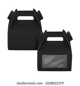Realistic paper cake package set, black box mock up, gift ontainer with handle and window. Take away food box vector template for your design