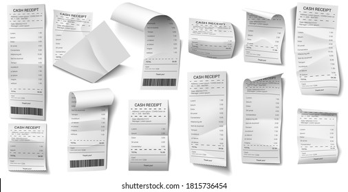 Realistische Papierkontrolle. Kaufen Sie Papierrechnung, 3D-Finanzscheck, Bezahlung gedruckte Schecks einzelne Vektorgrafik-Symbole Set. Creative Quittung mit Gesamtkosten- und Preislisten-Sammlung