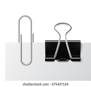 Realistic paper clip and black binder clip on white paper. Vector illustration. Ready for your design