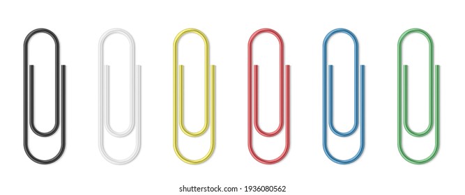 Realistic paper clip set. Colorful paperclips on white background isolated templates. Staples for document attach and school supplies. Vector illustration