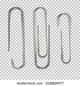 Realistic paper clip set. Isolated on white black transparent plaid background. Element for advertising and promotional message. Vector illustration for your design and business.