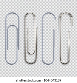 Realistic paper clip set. Isolated on white black transparent plaid background. Element for advertising and promotional message. Vector illustration for your design and business.