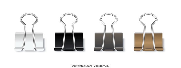 Realistic paper clips. Black white gold silver binder clip, paper holder. Vector