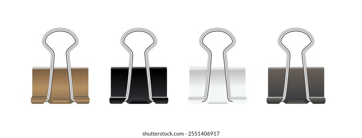 Realistic paper clips. Black white gold silver binder clip, paper holder. Vector