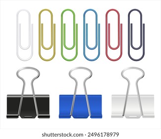 Realistic of paper clips, Bulldog clip. Colorful paper clip set. Vector colorful binder clips, paper holder, office stationery. Office supplies set or school equipment. 