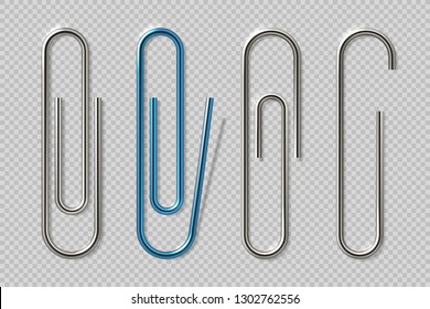 Realistic paper clips. Isolated transparent attach elements, school supplies, metal fasteners notebook holders. Vector isolated clips