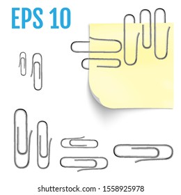 Realistic paper clips. Note paper with glowing metallic clips isolated
