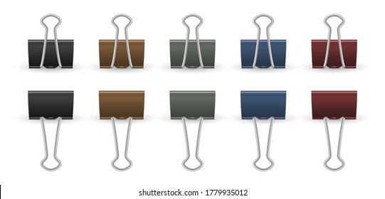 Realistic paper clips. Push pins, isolated gold black and color office accessories. 3D clamps, isolated stationery vector collection