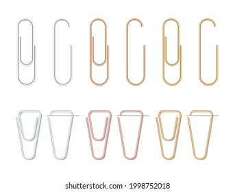 Realistic paper clips set. Silver,bronze and gold color. Paperclip icon. Steel stationery. Paper clips attached to a sheet of paper. Vector illustration on white background.