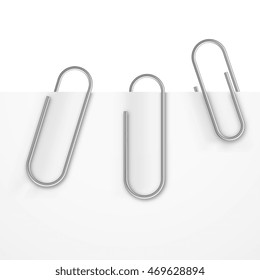 Realistic paper clips vector set. Metal paperclip with sheet, office tool for attaching illustration