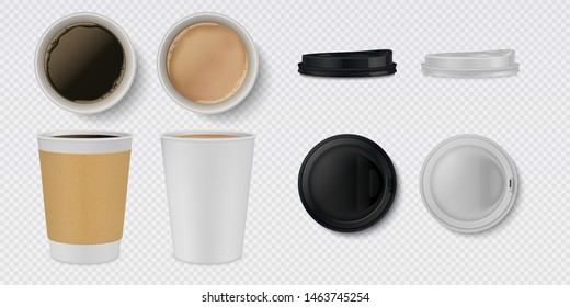 Realistic paper coffee cup. 3D white and brown mug and cups mockup with top view. Vector cafe hot drink container with lid empty set for espresso or cappuccino