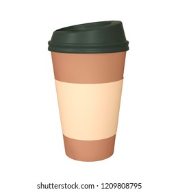 Realistic paper coffee cup with black cap and cup holder. Isolated on white background. Vector Illustration