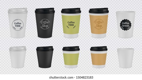 Realistic paper coffee cup. Disposable plastic and paper coffee mugs mockup. 3D vector illustration colorful isolated templates tea cups with lid on transparent background