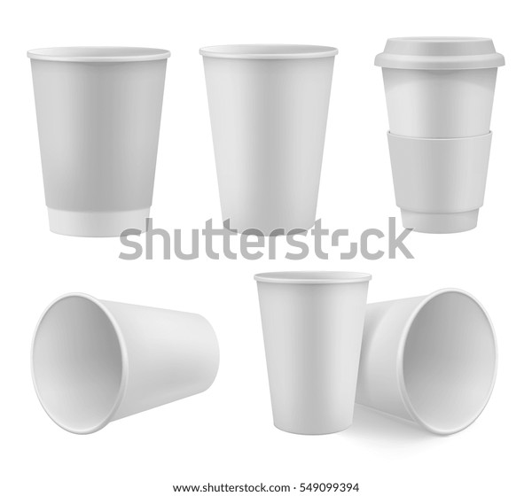 白い背景にリアルな紙のコーヒーカップモックアップセット ベクターイラスト 空白の3dモデルの持ち帰り用使い捨てコーヒーカップとキャップ ブランド用の紙コーヒーカップテンプレートコレクション のベクター画像素材 ロイヤリティフリー