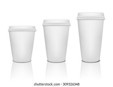 Realistic paper coffee cup set with reflection. Vector EPS10 illustration.