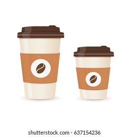 Realistic paper coffee cup set. Large and small sizes. Coffee take away. Vector illustration.