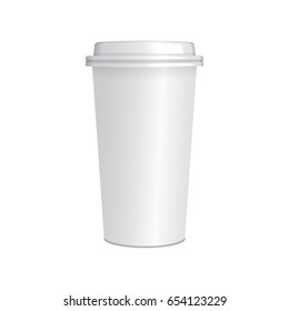 Realistic paper Coffee Cup with white cap. 3d mock up vector template for your design