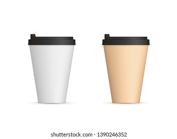 Realistic paper coffee cups with lid front view. Coffee to go blank. Vector illustration isolated on white background