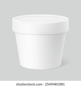 Xícara de papel realista com tampa mockup. Ilustração de vetor isolada em plano de fundo cinza. Pode ser usado para sorvete, azedo e alimentos. Perfeito para fácil personalização e edição de gráficos. EPS10