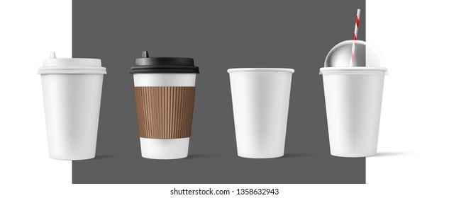 Realistic paper cups with plastic lid mockups. Coffee to go, take out mug. Vector illustration isolated and can be use for any backgrounds. EPS10.	