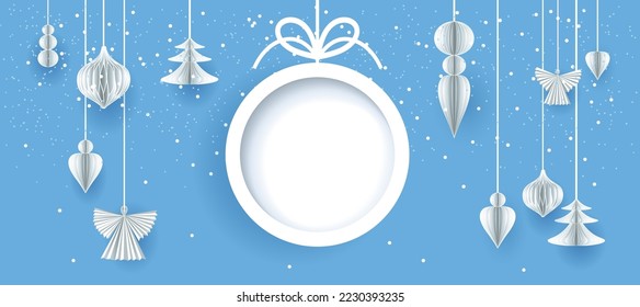 Realistic paper cut banner with baubles, angels and snowflakes. Seasonal winter background with space for text.