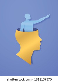 Realistic paper cut human head with man pointing at distance inside. 3D Papercut silhouette on isolated background for personality or psychology concept. Introspection, mental health solution.