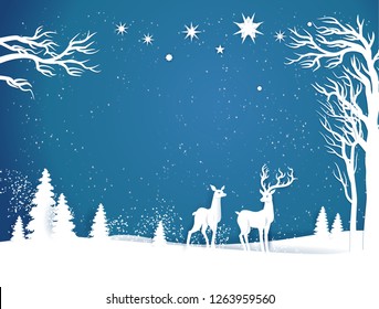 Realistic paper cut landscape with deers. Seasonal winter background.