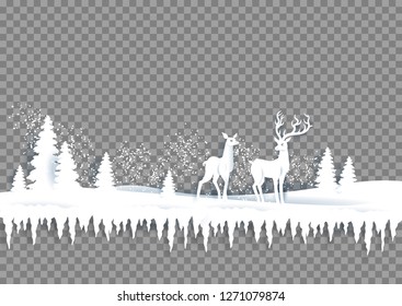Realistic paper cut landscape with deers. Seasonal winter isolated background.