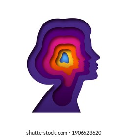 Realistic paper cut layered female human head. Colorful papercut woman silhouette on isolated background for personality or psychology concept.