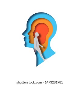 Realistic paper cut layered human head with man walking inside. Colorful papercut man silhouette on isolated background for mental health, imagination or psychology disorder concept.