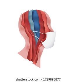 Realistic paper cut layered human head wearing face mask. Colorful papercut man silhouette on isolated background. Illustration topic - corona virus safety, medicine education or pollution concept. 